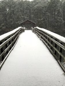 Snow covered wooden bridge, with covered center portion, far shore full of snow covered trees