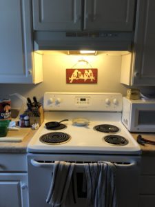 Electric Kitchen stove with four burners. Light above the stove is on there is a red wooden plaque with the silhouette of four birds and the word love