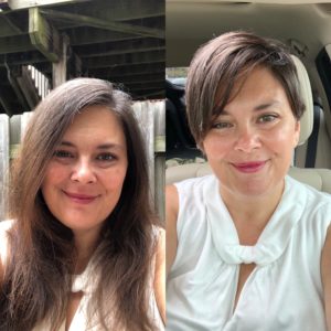 Two side by side selfies, on the left long hair four to five inches past my shoulders, on the right very short hair, only as long as my cheekbones on the right side.