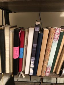 bookshelf full of journals
