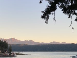 Sunrise over the Cascade mountains as seen from Hood Canal.