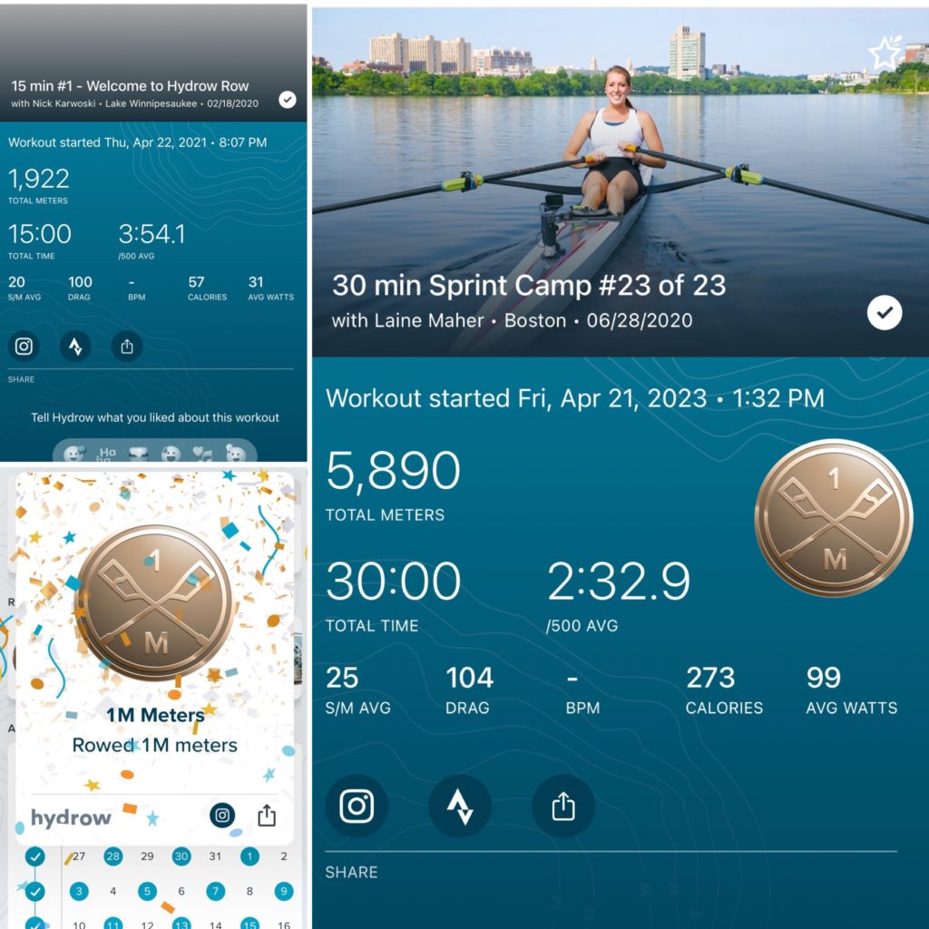 A lay out of three pictures . Two small picutres stacked on the left. The top a workout summary, the bottom a celebratory badge showing a golden badge with crossed oars. The number 1 at the top and an M below to indicate 1 million meters rowed.
The large picture on the right shows the work out summary for the workout when the 1M badge was earned. 