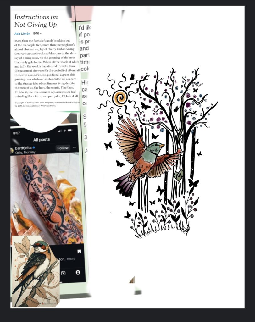 Photo-collage of a poem a screenshot, and a picture of a small bird, next to a désigne of trees a bird with wings spread wide and a small sun.